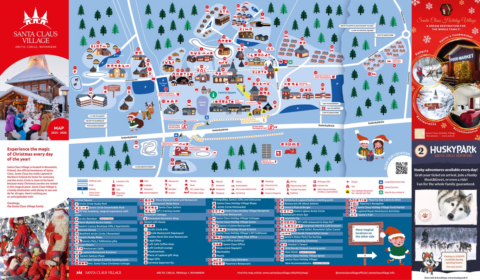 Mapa oficial de Santa Claus Village 2025-2026, con la oficina de Santa, la oficina postal, Mamá Claus, tiendas, restaurantes y la línea del Círculo Polar Ártico numeradas