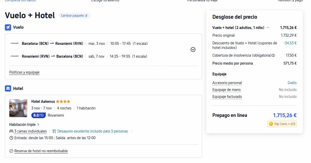 Captura real de la reserva de vuelo + hotel a Rovaniemi por 1.715,26€ para 2 adultos y 1 niño, 4 noches