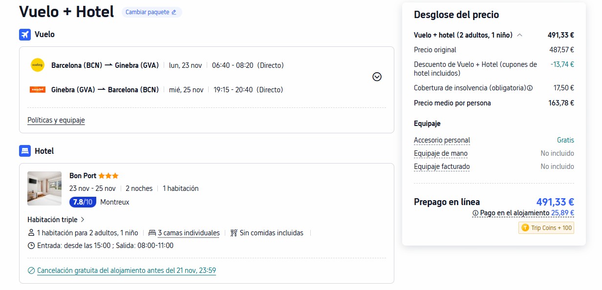 Captura real de la reserva de vuelo + hotel a Montreux, 2 adultos y 1 niño, 2 noches en el hotel Bon Port